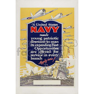 A vintage recruitment poster for the United States Navy, featuring military aircraft and a battleship with the text encouraging young Americans to join the expanding fleet.