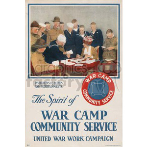 A vintage poster promoting War Camp Community Service during the United War Work Campaign. The image features military personnel and civilians gathered around a table, engaging in various activities.
