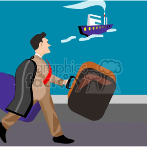 Man with luggage and a boat in background