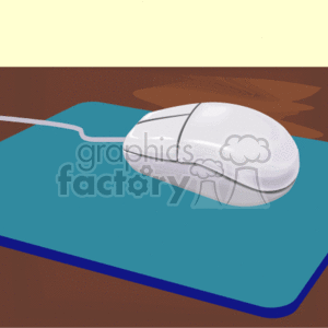 The image is a clipart that features a classic white computer mouse with a cord. The mouse is placed on a blue mouse pad that rests on a wooden desk surface. 