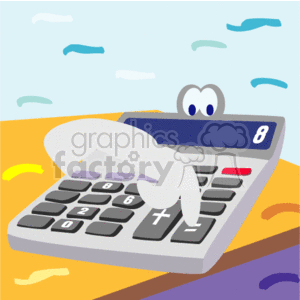 This clipart image features a calculator with a stylized, cartoonish design. The calculator has a basic layout with buttons for numbers, basic operations, and a large display showing the number 8. On top of the calculator is what appears to be an anthropomorphic cloud-like figure with two eyes, which adds a whimsical element to the image. The background has an abstract design with a colorful palette suggesting a landscape with the sky and perhaps land or water with wavy patterns.