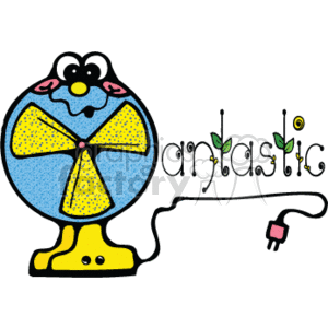 The clipart image depicts a stylized electric fan that has been transformed into a character with a face and feet. The fan is colored in a country style, primarily yellow and blue, with patterns that give it a whimsical appearance. It has four blades, which are yellow with blue tips, and a blue backing with a flower pattern. The fan character is also animated with eyes, a mouth, and what appears to be a pair of wings or ears at the top. There is a power cord with a plug extending from the base of the fan. The word fantastic, which plays on the word fan, is integrated into the design, with each letter uniquely styled with nature-inspired embellishments like leaves. The overall impression is of a fun, decorative fan designed to suggest it is a fantastic tool for air circulation during hot summer days.