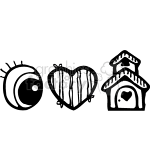   The clipart image features three distinct black and white drawings:
1. An eye with a prominent pupil and eyelashes.
2. A heart with vertical stripes and small embellishments that resemble stitches.
3. A stylized house with a chimney and what appears to be smoke or steam coming from the top, a heart-shaped window or design in the middle, and a small doorstep or entryway. 