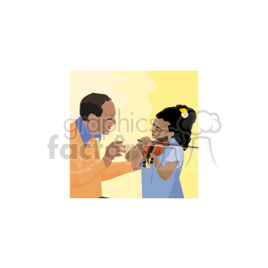 The clipart image depicts a music teacher and a young student involved in a violin lesson. The teacher is attentively watching and guiding the student who is playing the violin. They both appear concentrated and engaged in the learning process.