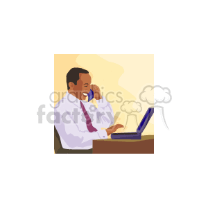 African American Businessman Working on Laptop and Talking on Phone