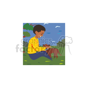   The clipart image depicts a scene with a young African American boy sitting on the grass, gently petting a brown puppy. There