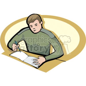 The clipart image features a boy or a young teenager who is focused on writing in a notebook or doing homework. He is sitting down, with his left hand holding down the page, and his right hand holding a pen or pencil. The background suggests a simplified representation of a desk or work surface, with an abstract oval shape providing a sense of space.