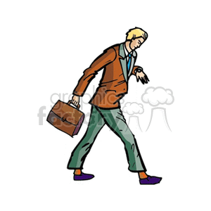 Clipart of a businessman in a suit walking quickly while checking his watch, carrying a briefcase.