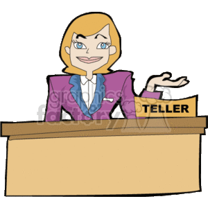   The image depicts a female bank teller character. She is standing behind a bank counter with a sign that reads TELLER. The lady has a welcoming gesture and appears to be ready to assist with banking services. 