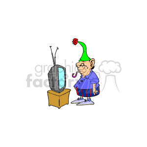   The clipart image depicts a cartoonish man wearing a party hat, looking somewhat unamused or bored while standing next to a television set. There are confetti and party decorations suggesting it