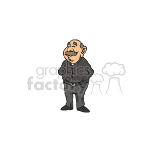 The clipart image depicts a smiling man dressed in a black cassock with a clerical collar, indicating he may represent a priest or clergyman. He has a bald head with hair on the sides and a prominent mustache.