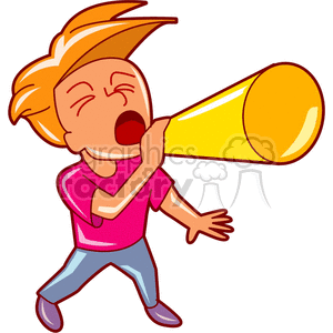 A cartoon image of a person with orange hair yelling into a yellow megaphone, conveying a message or trying to get attention.