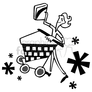 The clipart image shows a stylized person pushing a shopping cart. The individual appears to be in motion, as suggested by the motion lines and stars around them, indicating a brisk or energetic shopping experience. The person is also holding what looks like a shopping list or advertisement flyer while walking.