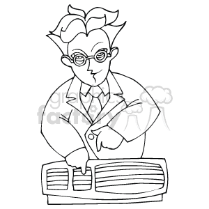 The clipart image features a stylized person with distinctive hair and glasses, wearing a lab coat, standing behind a radio. The person appears to be adjusting or tuning the radio with one hand.