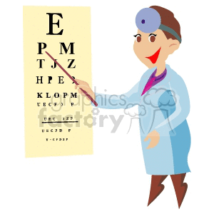 An optometrist pointing to an eye chart with a stick.