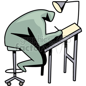 A stylized illustration of a person sitting on a stool, drawing or drafting at a desk with an adjustable lamp.