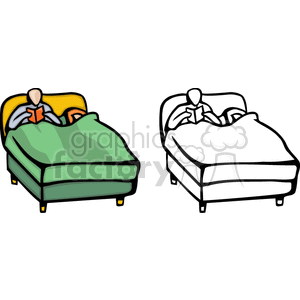 Clipart image of an adult reading in bed at night, with one version in color and one outlined. The person is sitting up under a blanket, holding a book.