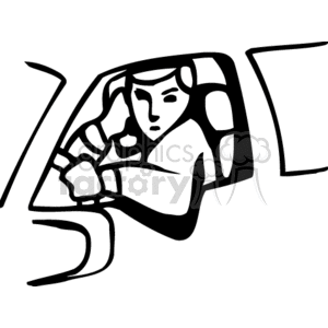 Black and white clipart of a person driving a car while talking on a phone.