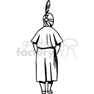 A black and white clipart image of a person wearing traditional clothing with a single feather headdress, viewed from behind.