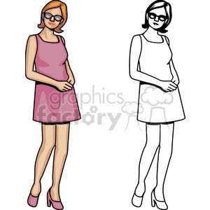 Clipart of a woman in a pink dress and glasses posing, with a colored version on the left and a black and white outline on the right.