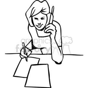 A Black and White Image of a Woman Smiling and Talking on the Phone While taking Notes