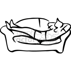 A line art illustration of a man relaxing on a couch, portraying a lazy and restful scene.