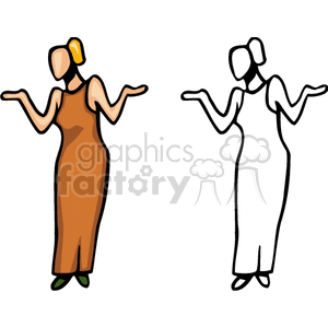 Clipart of two women in dresses. One is in color, with a brown dress, orange-yellow hair, and green shoes. The other is a black and white outline. Both are striking a pose with arms outstretched.