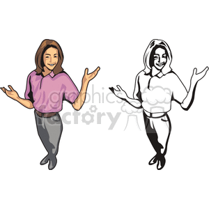 Illustration of a welcoming woman with open arms, depicted in both color and black outline styles.