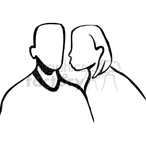 Black and white line art of two adults, with one whispering to the other.