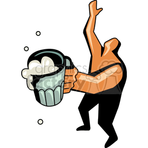 A stylized illustration of a person celebrating with a large mug of frothy beer.