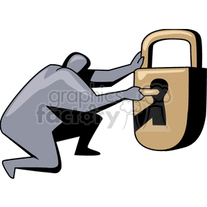 Illustration of a person inserting a key into a large padlock, symbolizing security and locksmith services.