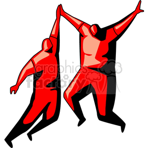 Two people in a red stylized design giving a high five, symbolizing excitement and teamwork.