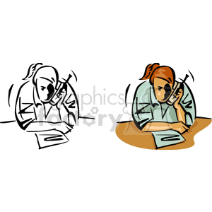 Clipart image of a woman talking on a phone, shown in both a black and white sketch style and a colored version.