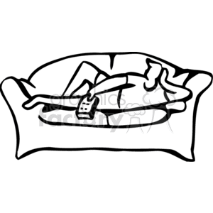 Clipart image of a person lying on a couch with a remote control, depicting the concept of a 'couch potato.'