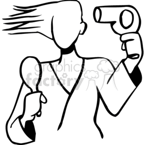 A stylized black and white clipart image of a person using a hairdryer and holding a brush, depicting hair care.