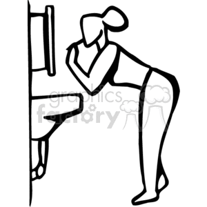 Line art depicting a woman brushing her teeth in front of a bathroom sink.