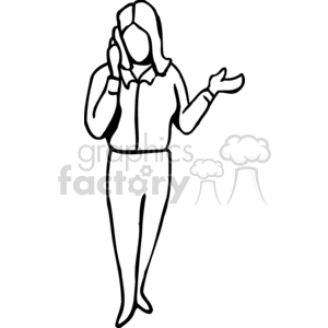 A line-art illustration of a woman talking on the phone, with her hand gesturing.