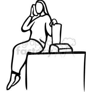 Line art of a woman sitting on a desk, talking on the phone.