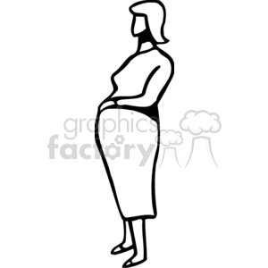 A simple black and white clipart image of a pregnant woman standing.