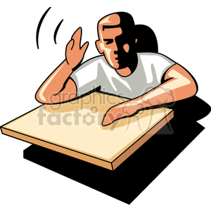 Clipart image of a boy raising his hand while sitting at a desk, symbolizing a classroom setting.