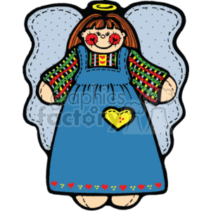 The clipart image depicts a country-style ragdoll designed to resemble a female angel. The doll has a blue dress with heart decorations, a yellow heart on the front, patches on the sleeves, and a halo above its head. It also features wings with a dotted pattern, signifying its angelic theme.