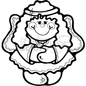   This clipart image depicts a stylized, country-style girl or young female angel character. The character is smiling and appears happy, with simplistic facial features such as dotted eyes and a curved line for a mouth. The angel is wearing a dress and has wings, indicated by the lines behind her back. The image is black and white, which suggests it could be used for coloring activities. There are decorative elements reminiscent of lace or frills on the dress and hat, and a small heart is visible on the chest of the dress. The image conveys a sense of innocence and happiness.
(Note: Since the image is black and white, the description of 