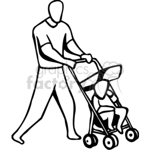 Clipart image of a father pushing a child in a stroller.