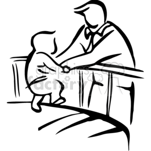 A black and white clipart illustration of a father interacting with his baby over a crib.