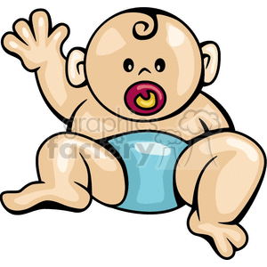 A clipart image of a cartoon baby wearing a blue diaper, sitting and waving hello with a pacifier in its mouth.