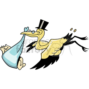 A cartoon stork wearing a top hat delivering a baby in a blue cloth.