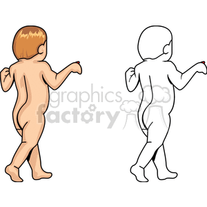 Clipart of a toddler from behind, with one colored and one outline version.