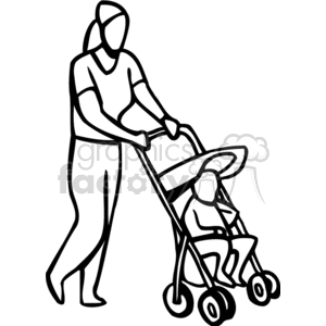 Line art of a mother walking while pushing a baby in a stroller.