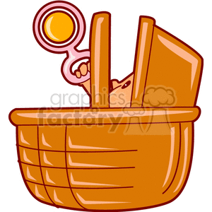 Clipart image of a baby holding a rattle in a basket.