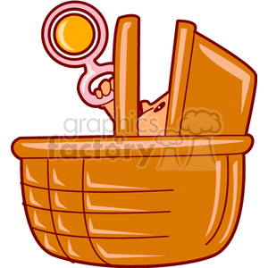 A Baby in a Brown Basket Holding a Rattle Out